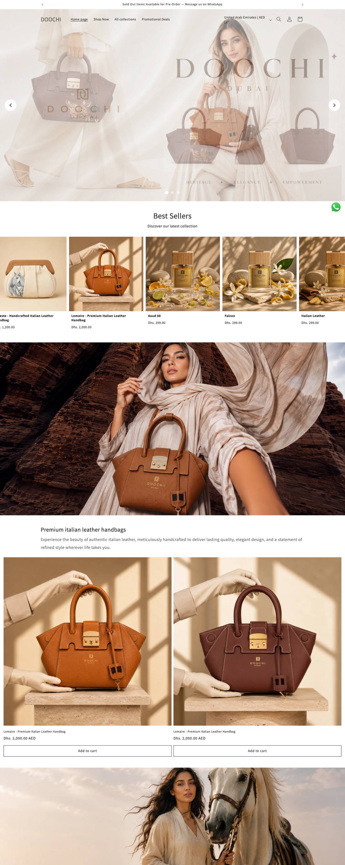 DOOCHI home page: a model carrying a burgundy leather handbag beside the DOOCHI Dubai wordmark and three product shots.