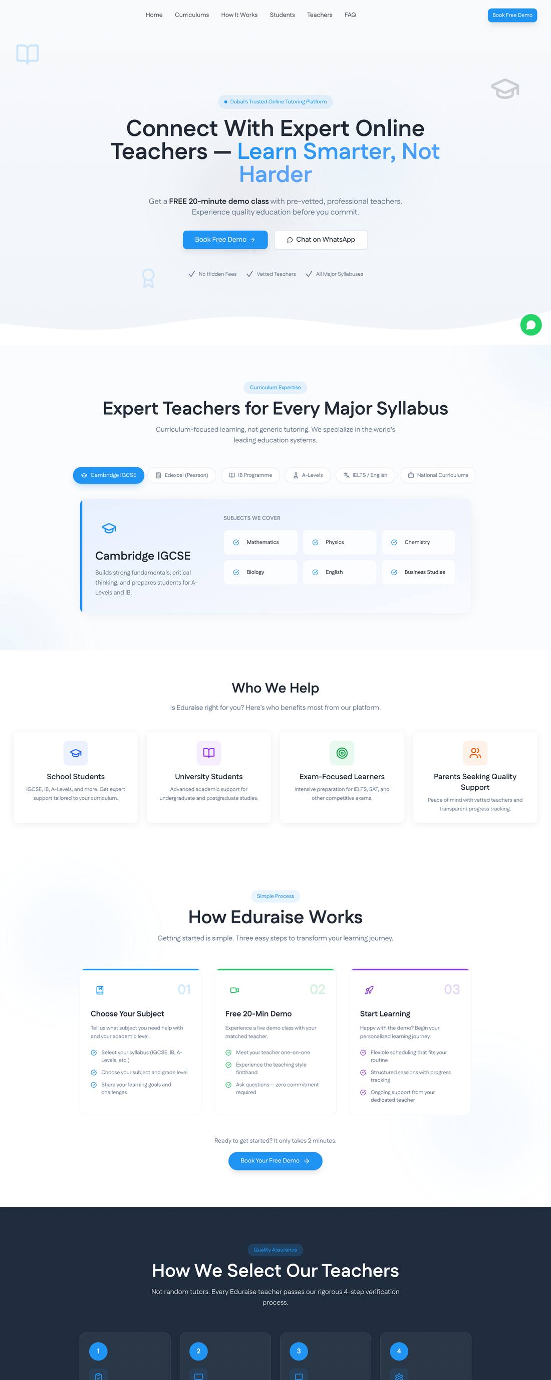 Eduraise home page: the headline Connect With Expert Online Teachers, with Book Free Demo and Chat on WhatsApp buttons.
