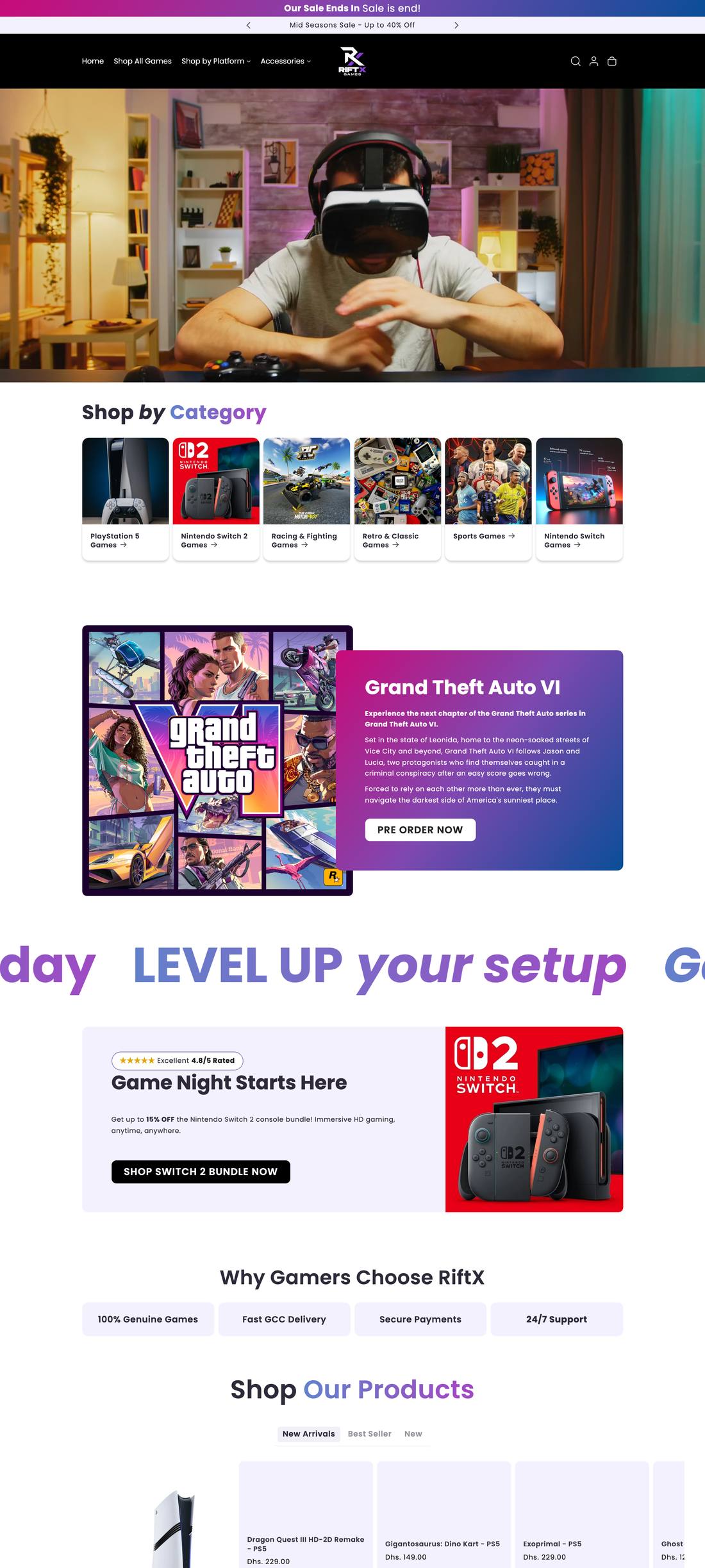 RiftX Games home page: a full-width photo of a player putting on a VR headset, with a Shop by Category row beginning below.