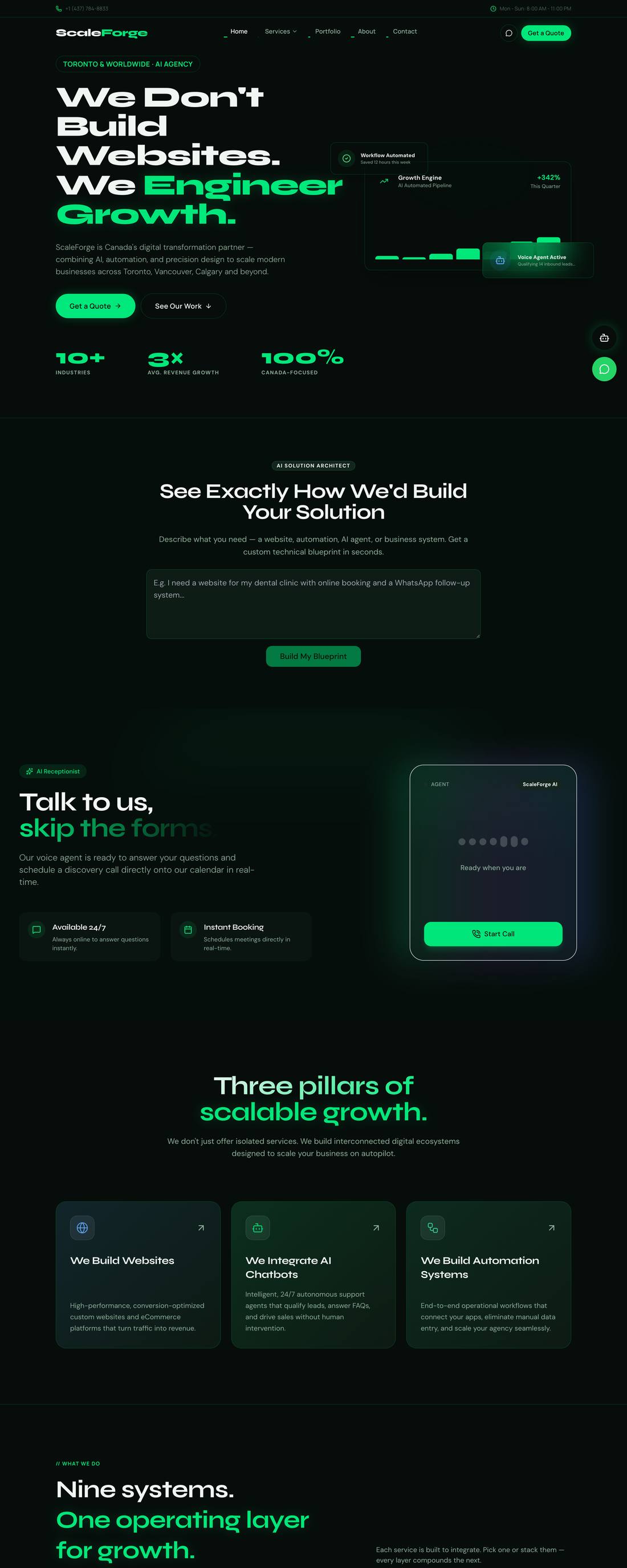 ScaleForge home page: the headline We Don&rsquo;t Build Websites. We Engineer Growth. in neon green on black.