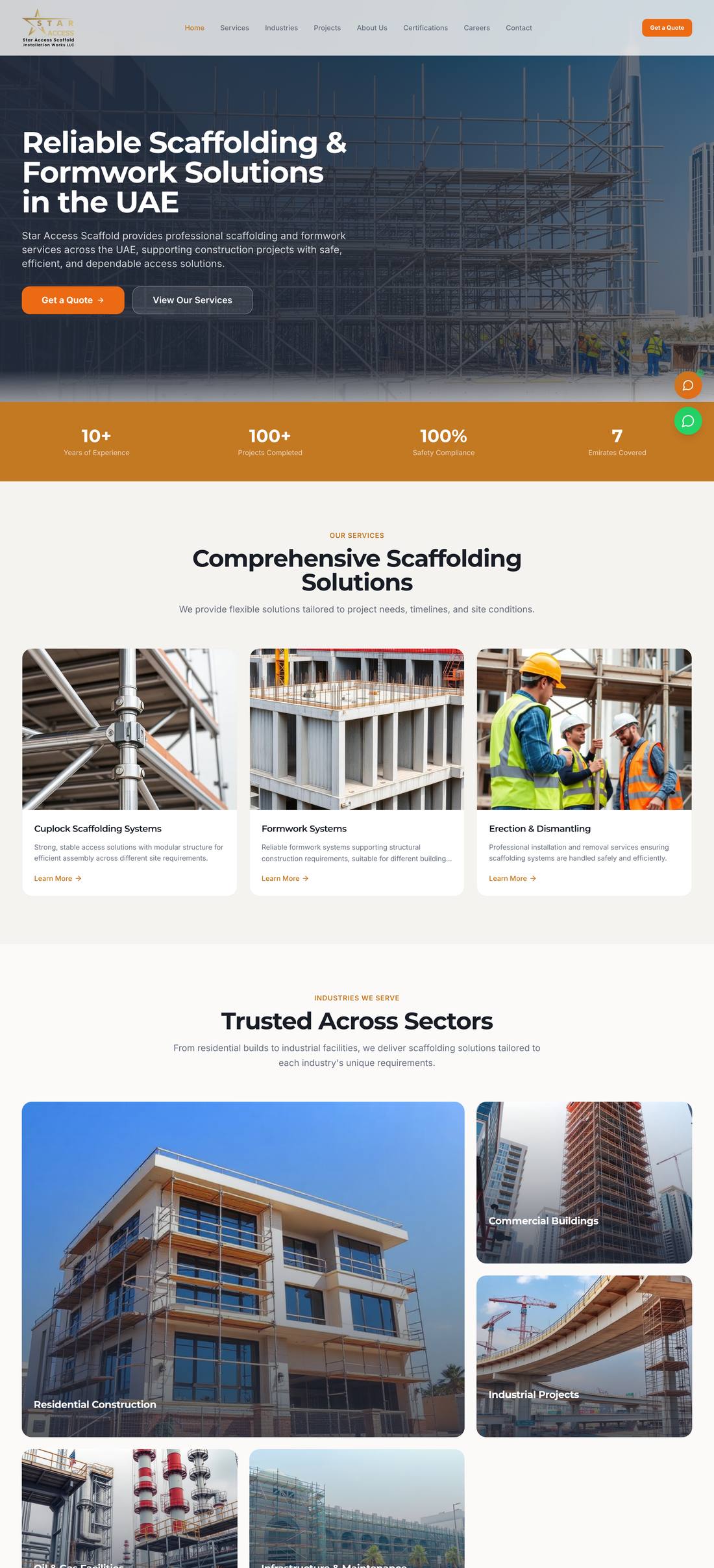 Star Access Scaffold home page: the headline Reliable Scaffolding and Formwork Solutions in the UAE over a photo of scaffolding on a construction site.
