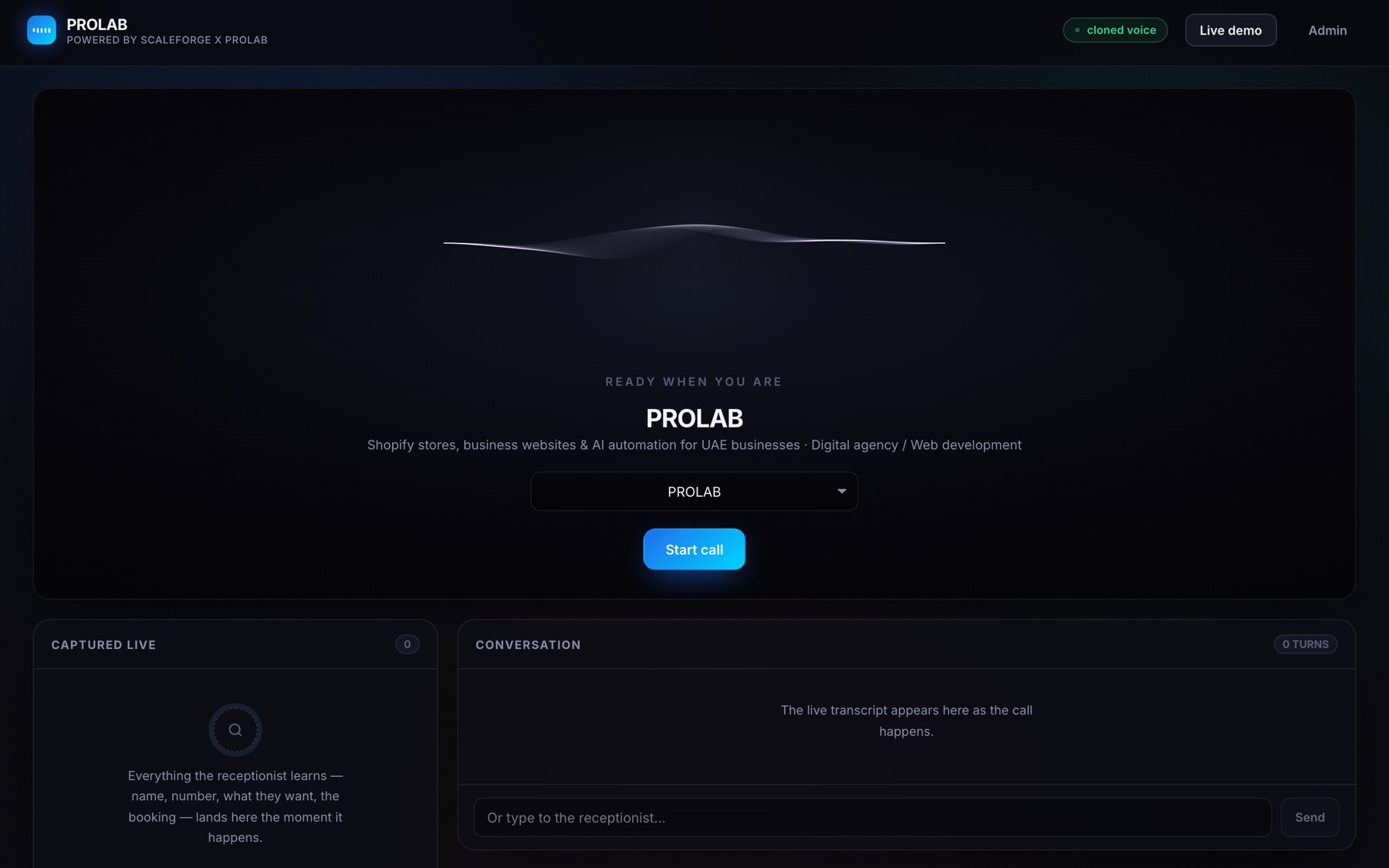 ProLab AI voice receptionist demo: a business selector, a Start call button, and live panels showing captured caller details and the running transcript.