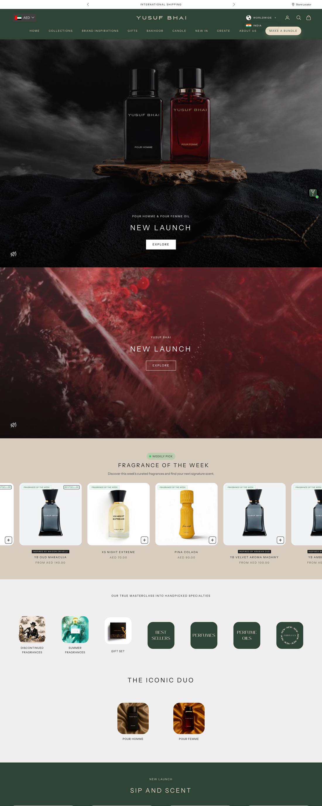 Yusuf Bhai Fragrances home page: Pour Homme and Pour Femme bottles on stone under a grey sky, with a dark green navigation bar.